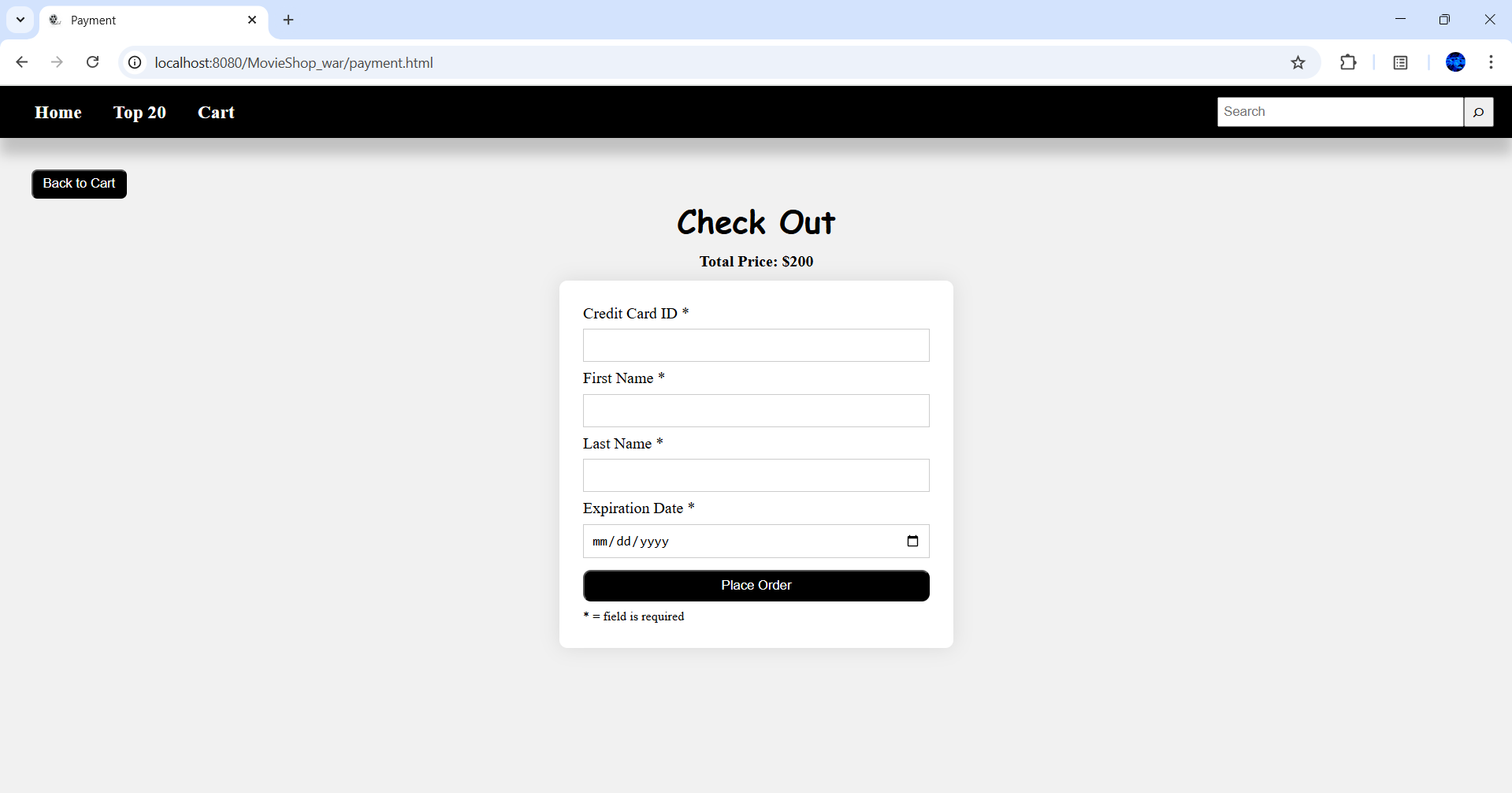 MovieShop Checkout Page Screenshot
