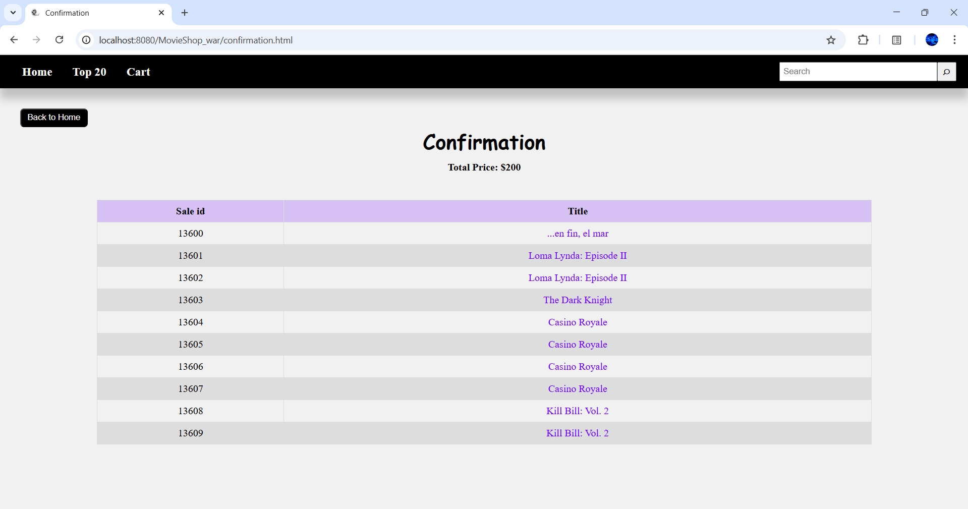 MovieShop Confirmation Page Screenshot